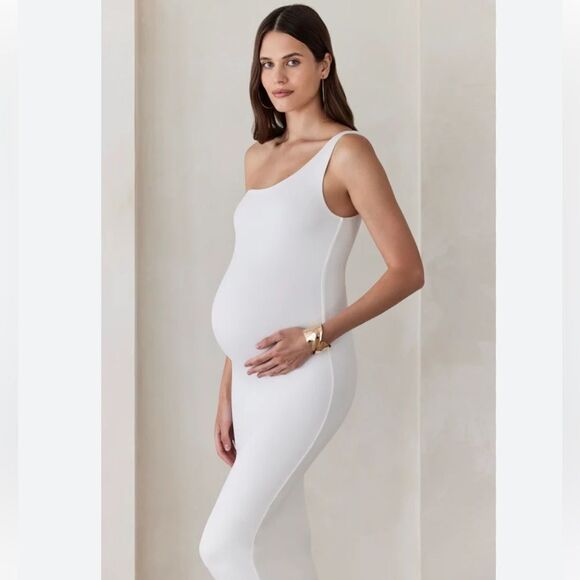 Bumpsuit Dress Maternity Ivory Sz S One Shoulder Double Layer Stretch Jersey - Picture 1 of 10